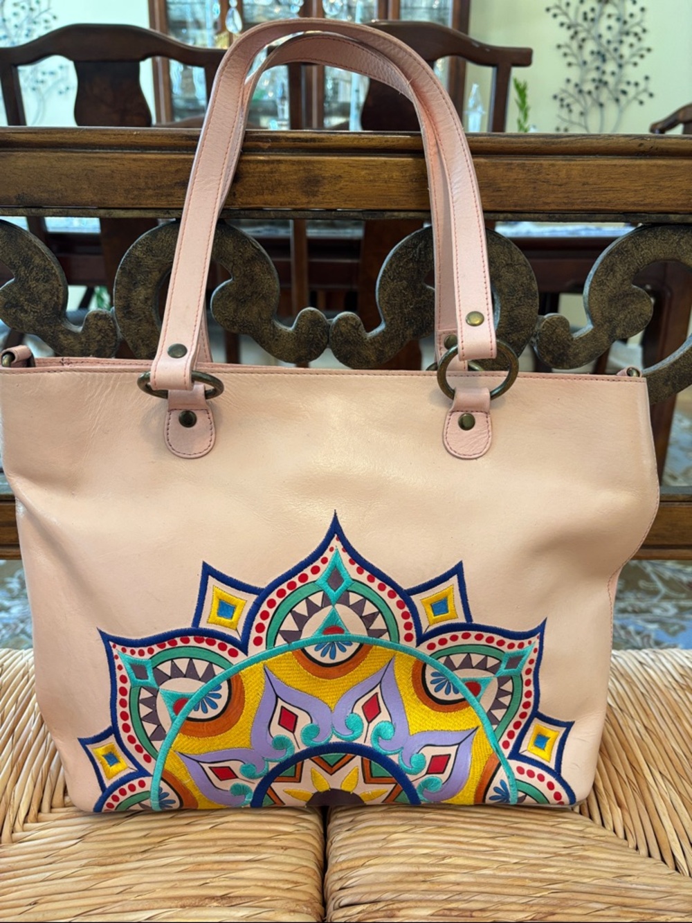 Anuschka Pink Leather Bag with Colorful  Embroidered Mandala Design